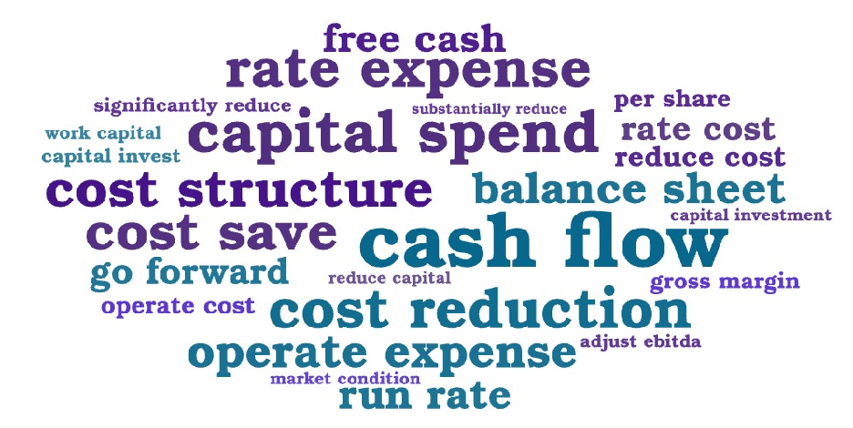 컨퍼런스콜 텍스트에서 추출된 핵심 키워드 워드 클라우드 — 'capital expenditure', 'cash flow', 'cost structure' 같은 투자 관련 용어가 지배적입니다